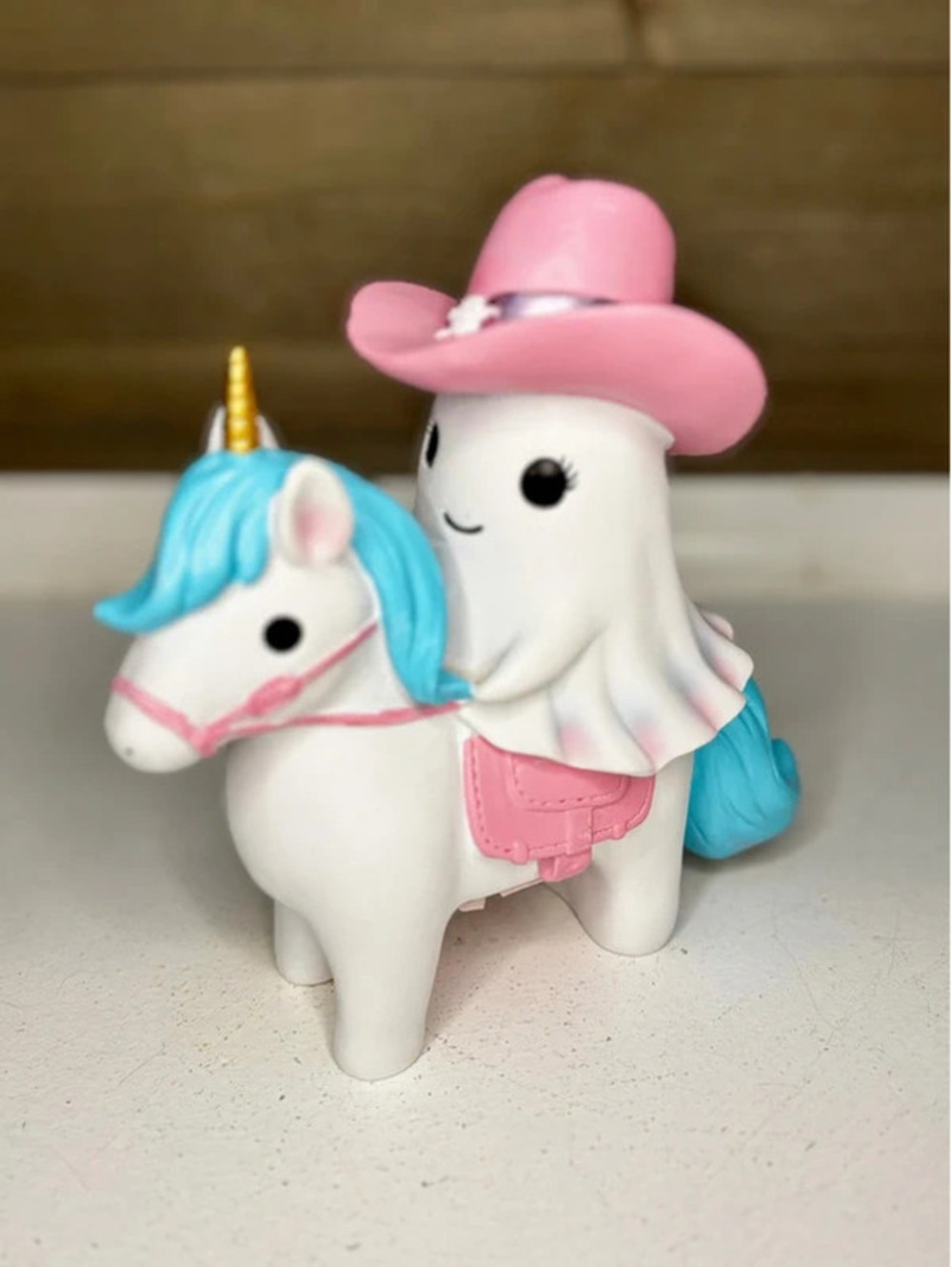 Halloween Ghost Riding Unicorn Figurine - Pink Cowboy Hat - Cute Spooky Decor